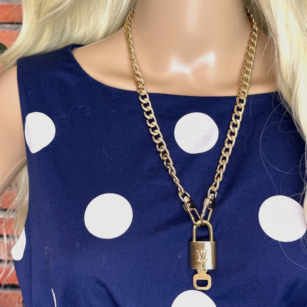LOUIS VUITTON LV Lock and Key Set NECKLACE With New 23" Cuban Chain